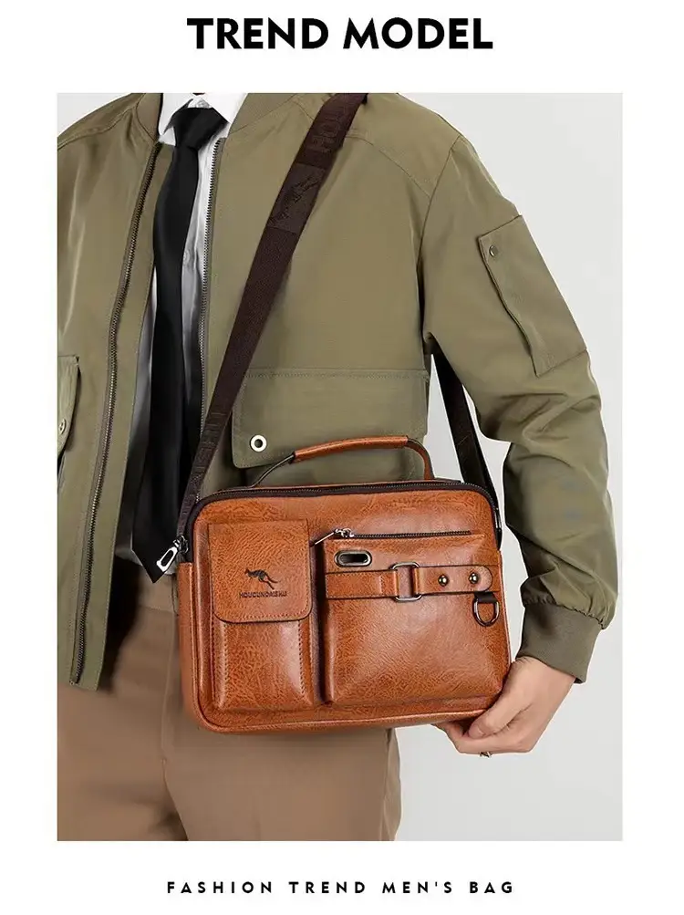 Men's Brown Soft Leather Shoulder Bag with Pocket — feature 10