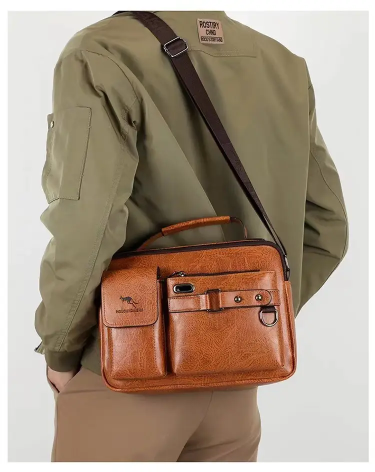Men's Brown Soft Leather Shoulder Bag with Pocket — feature 11