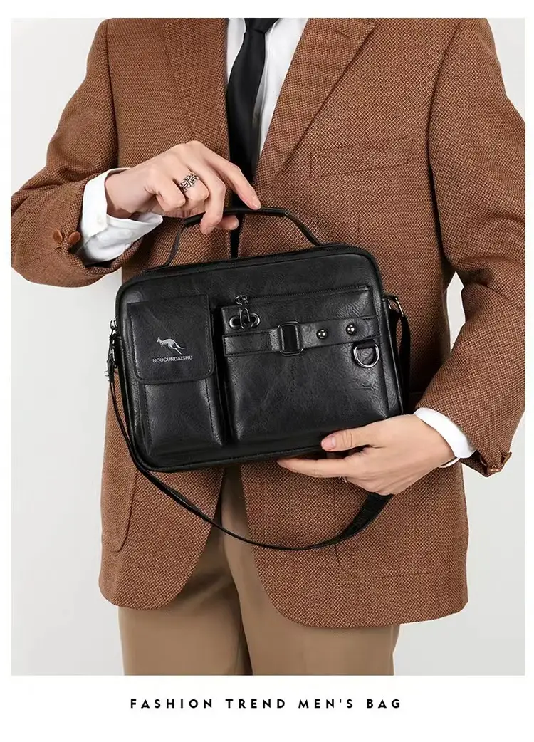 Men's Brown Soft Leather Shoulder Bag with Pocket — feature 12