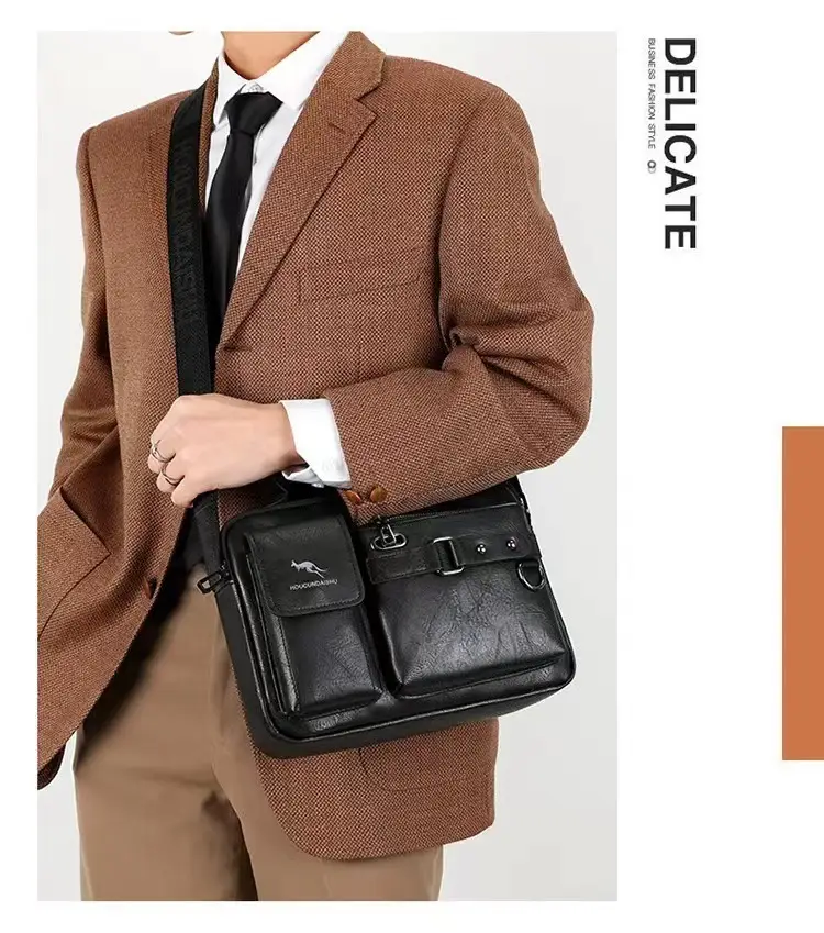 Men's Brown Soft Leather Shoulder Bag with Pocket — feature 13