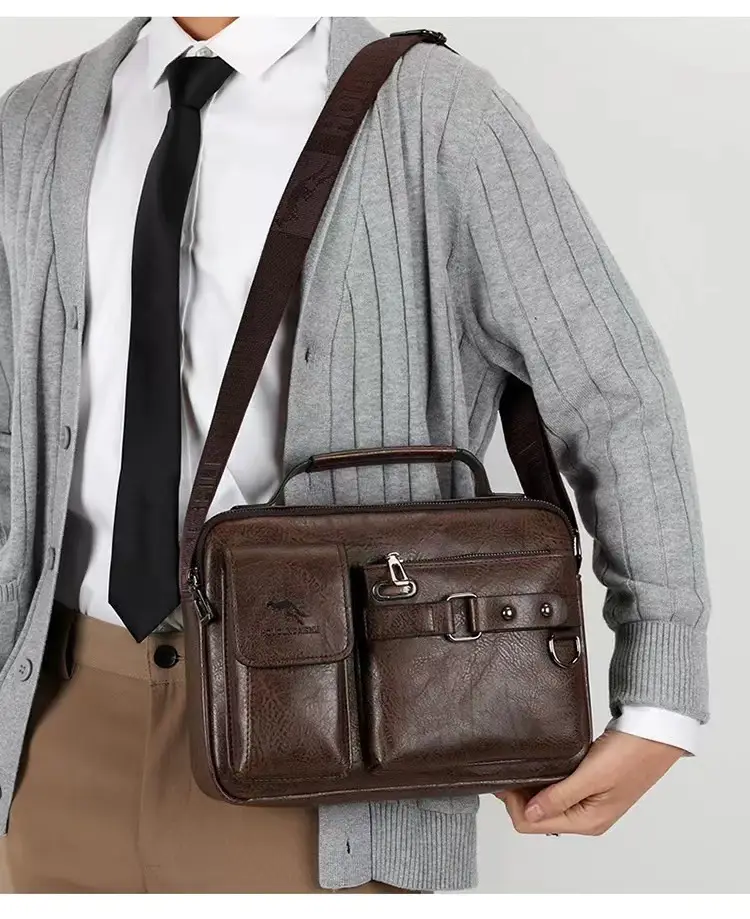 Men's Brown Soft Leather Shoulder Bag with Pocket — feature 14