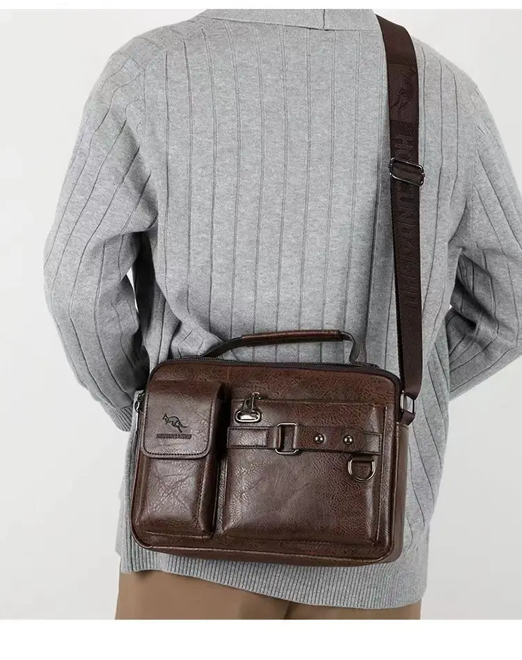 Men's Brown Soft Leather Shoulder Bag with Pocket — feature 15