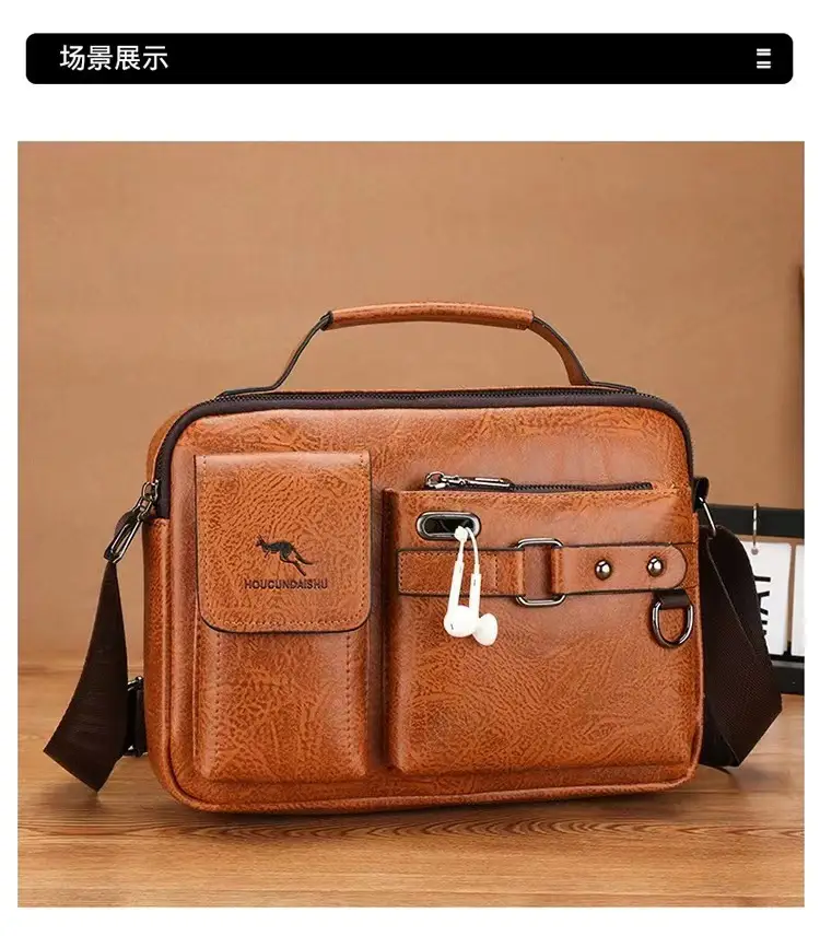 Men's Brown Soft Leather Shoulder Bag with Pocket — feature 21