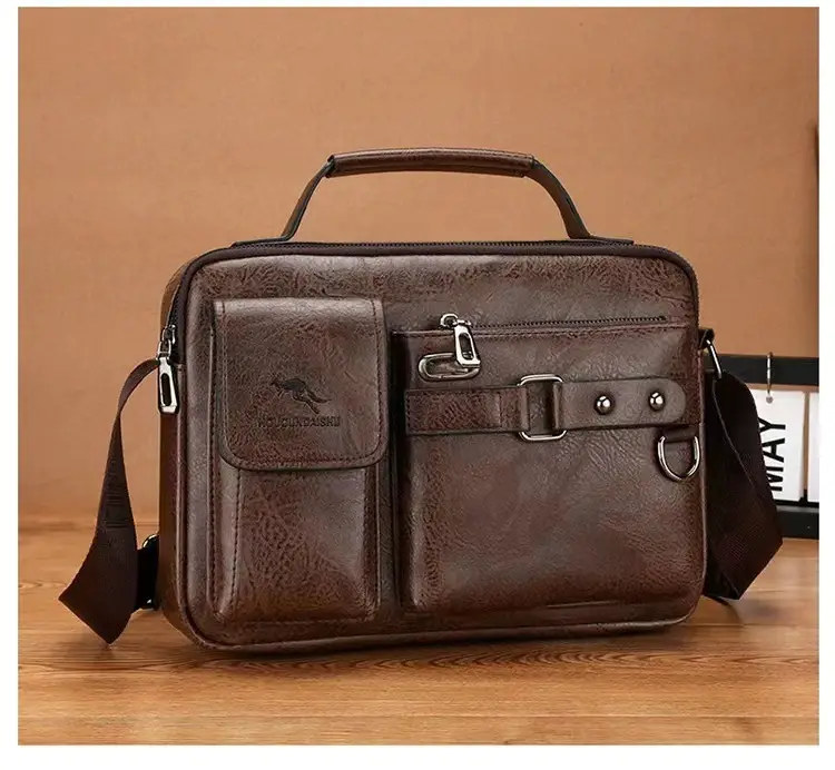 Men's Brown Soft Leather Shoulder Bag with Pocket — feature 22