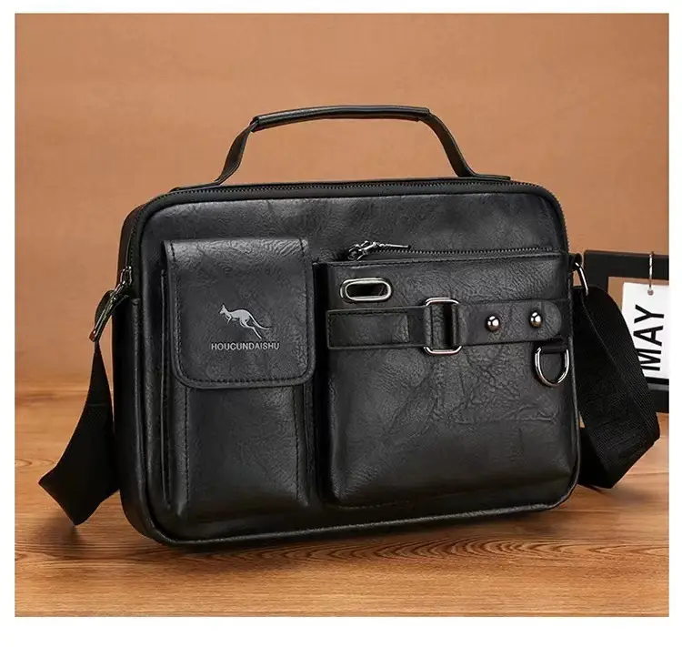 Men's Brown Soft Leather Shoulder Bag with Pocket — feature 23