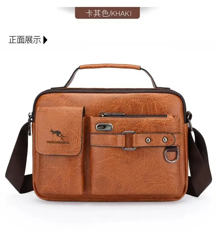 Men's Brown Soft Leather Shoulder Bag with Pocket — feature 24