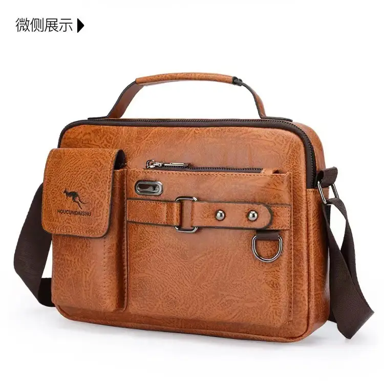 Men's Brown Soft Leather Shoulder Bag with Pocket — feature 25