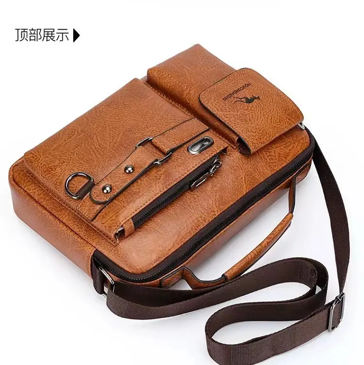 Men's Brown Soft Leather Shoulder Bag with Pocket — feature 28