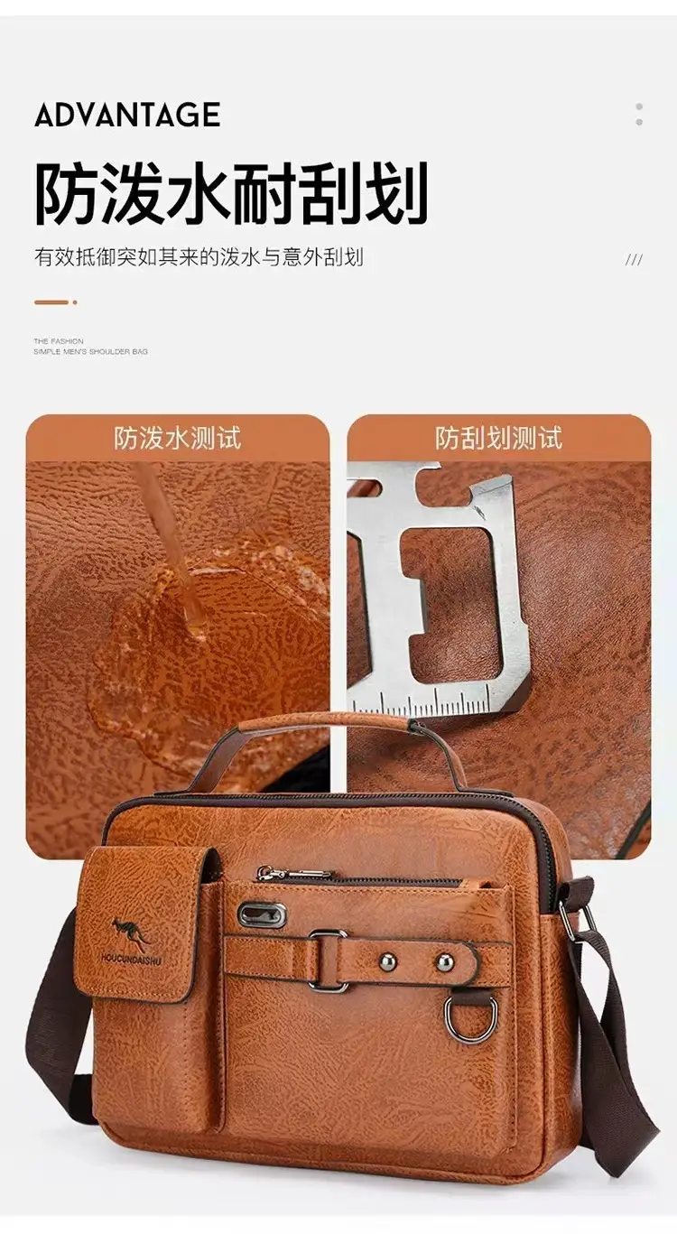 Men's Brown Soft Leather Shoulder Bag with Pocket — feature 4