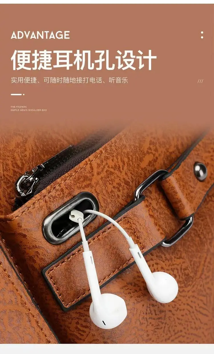 Men's Brown Soft Leather Shoulder Bag with Pocket — feature 5