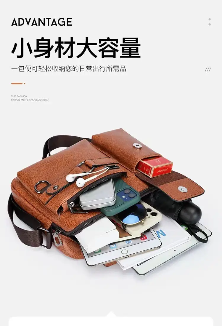 Men's Brown Soft Leather Shoulder Bag with Pocket — feature 6