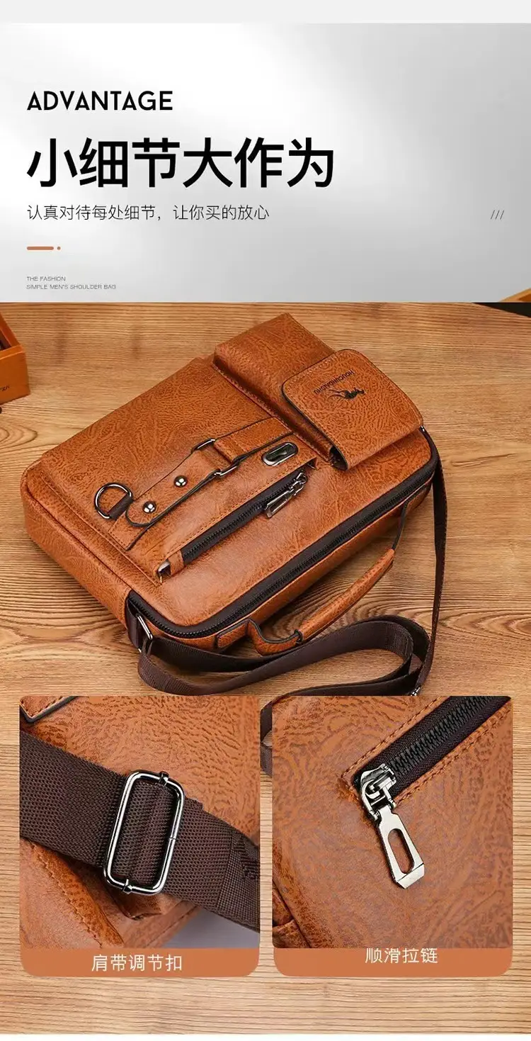 Men's Brown Soft Leather Shoulder Bag with Pocket — feature 8