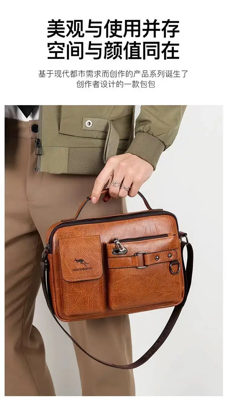 Men's Brown Soft Leather Shoulder Bag with Pocket — feature 9