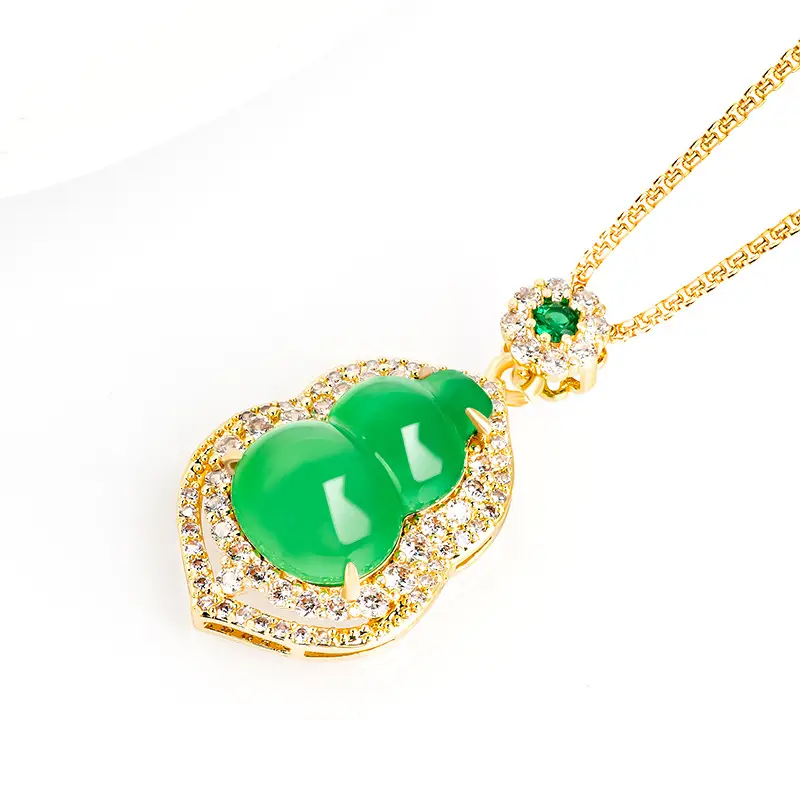 Natural Green Agate Gourd Jade Pendant Women's Necklace Gold Plated - Image 3