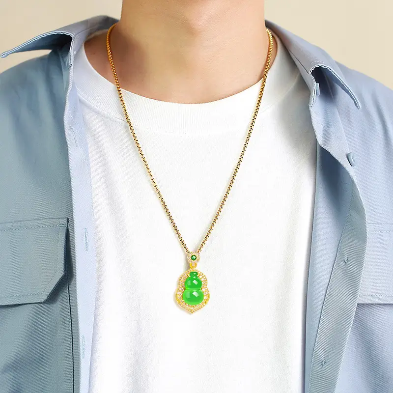 Natural Green Agate Gourd Jade Pendant Women's Necklace Gold Plated - Image 5