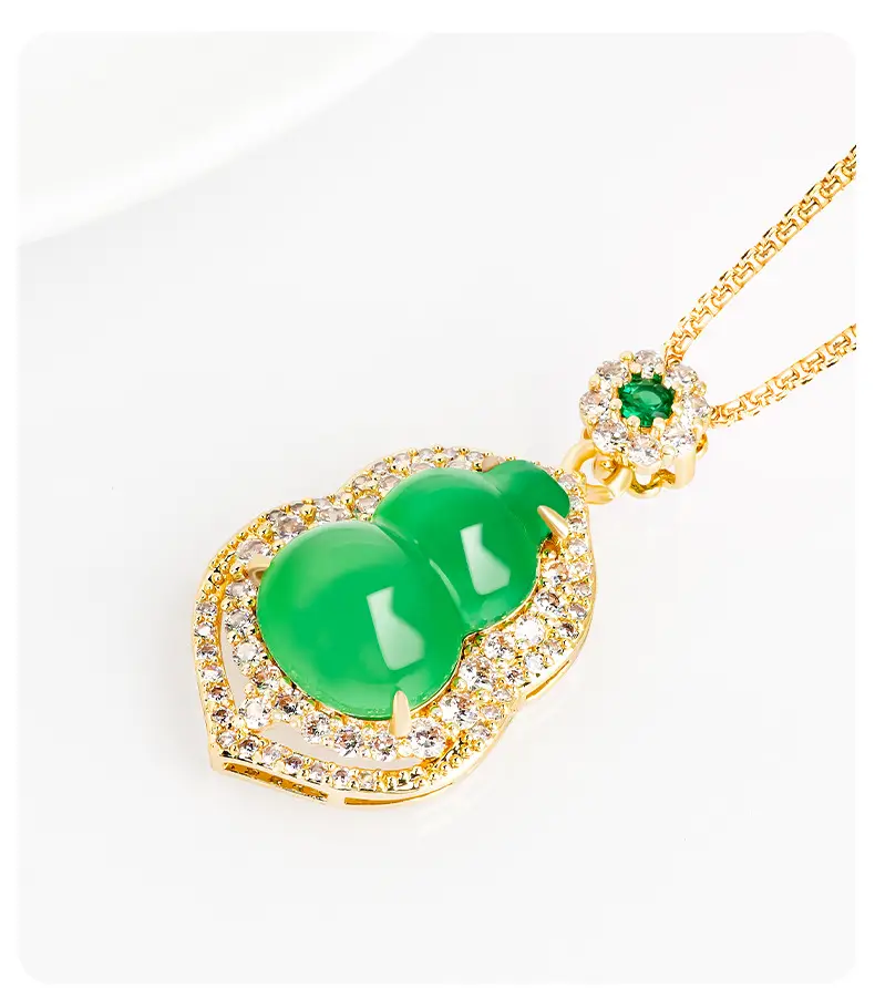 Natural Green Agate Gourd Jade Pendant Women's Necklace Gold Plated — feature 3