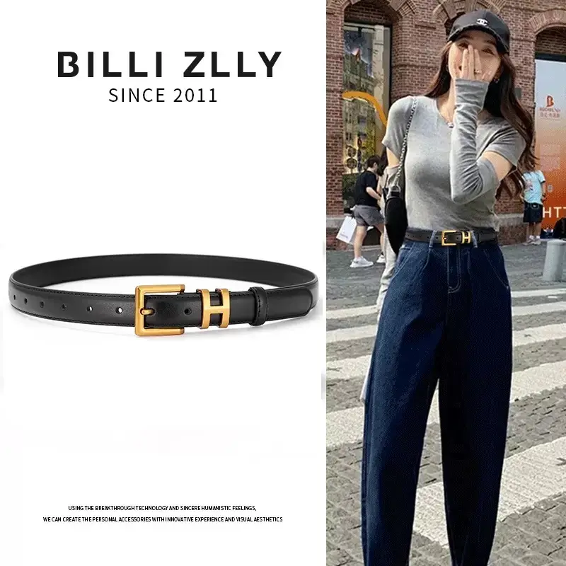 Women's Black Leather Belt with Gold Buckle