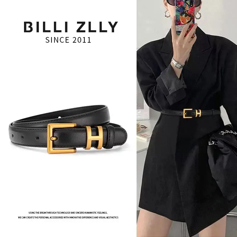 Women's Black Leather Belt with Gold Buckle