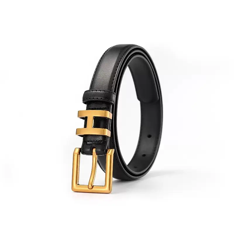 Women's Black Leather Belt with Gold Buckle