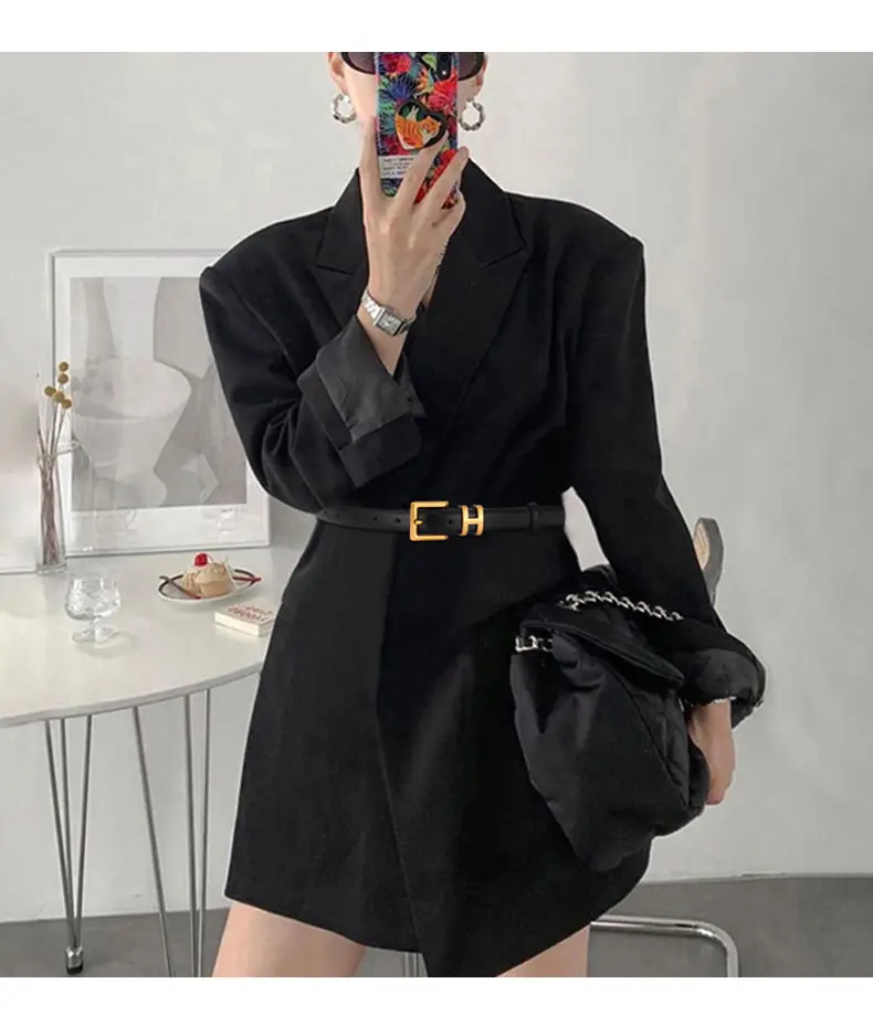 Women's Black Leather Belt with Gold Buckle — feature 1
