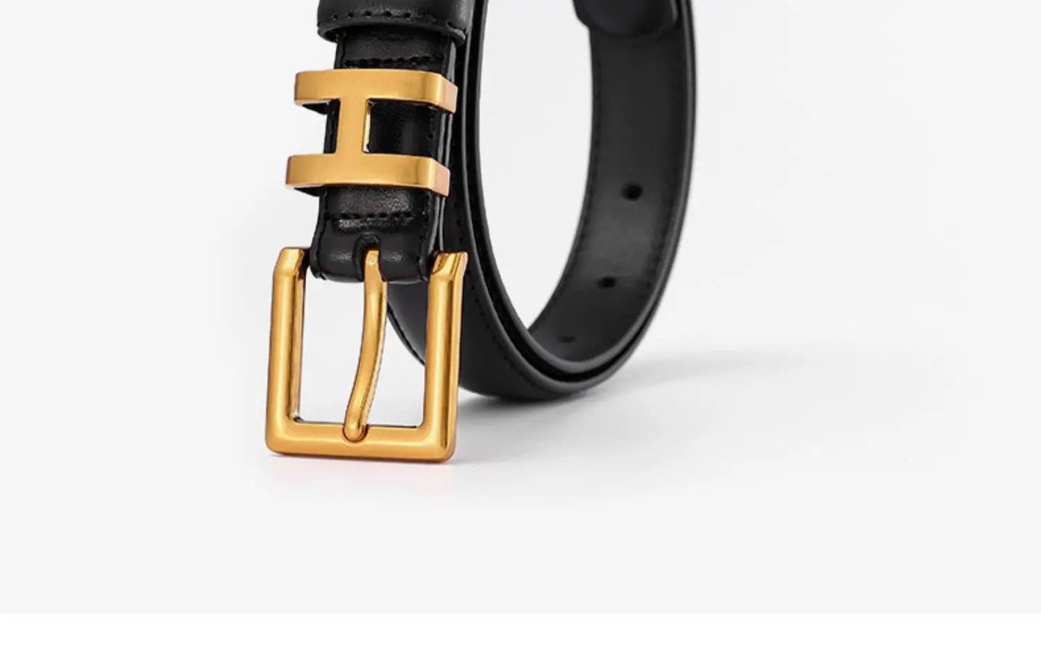 Women's Black Leather Belt with Gold Buckle — feature 11