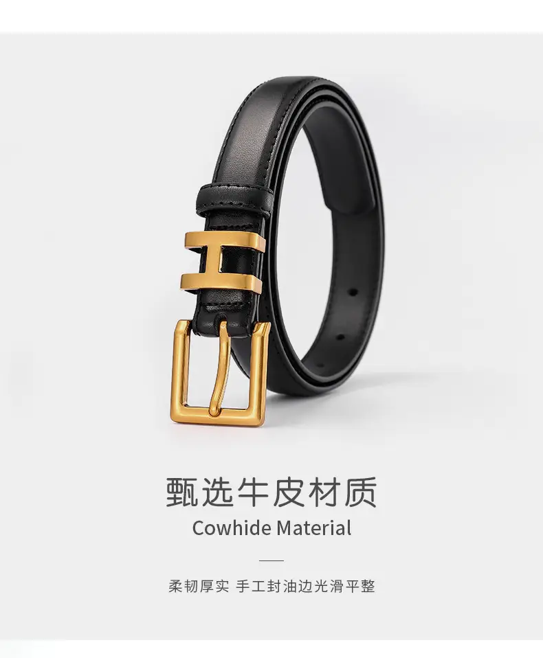 Women's Black Leather Belt with Gold Buckle — feature 3