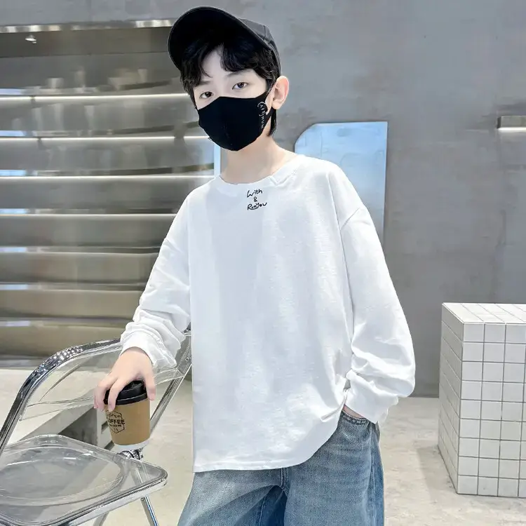 Boys Long Sleeve T-Shirt White 2026 Casual Loose Pullover