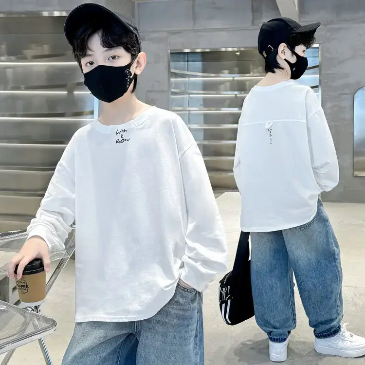 Boys Long Sleeve T-Shirt White 2026 Casual Loose Pullover