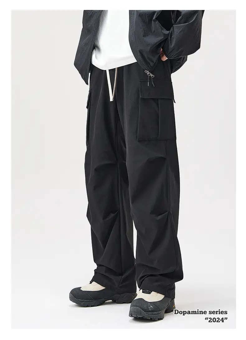 Men Mountain Style Pleated Cargo Pants Large Pockets Brown — feature 12