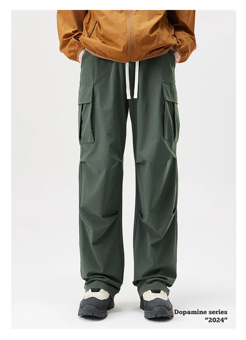 Men Mountain Style Pleated Cargo Pants Large Pockets Brown — feature 7