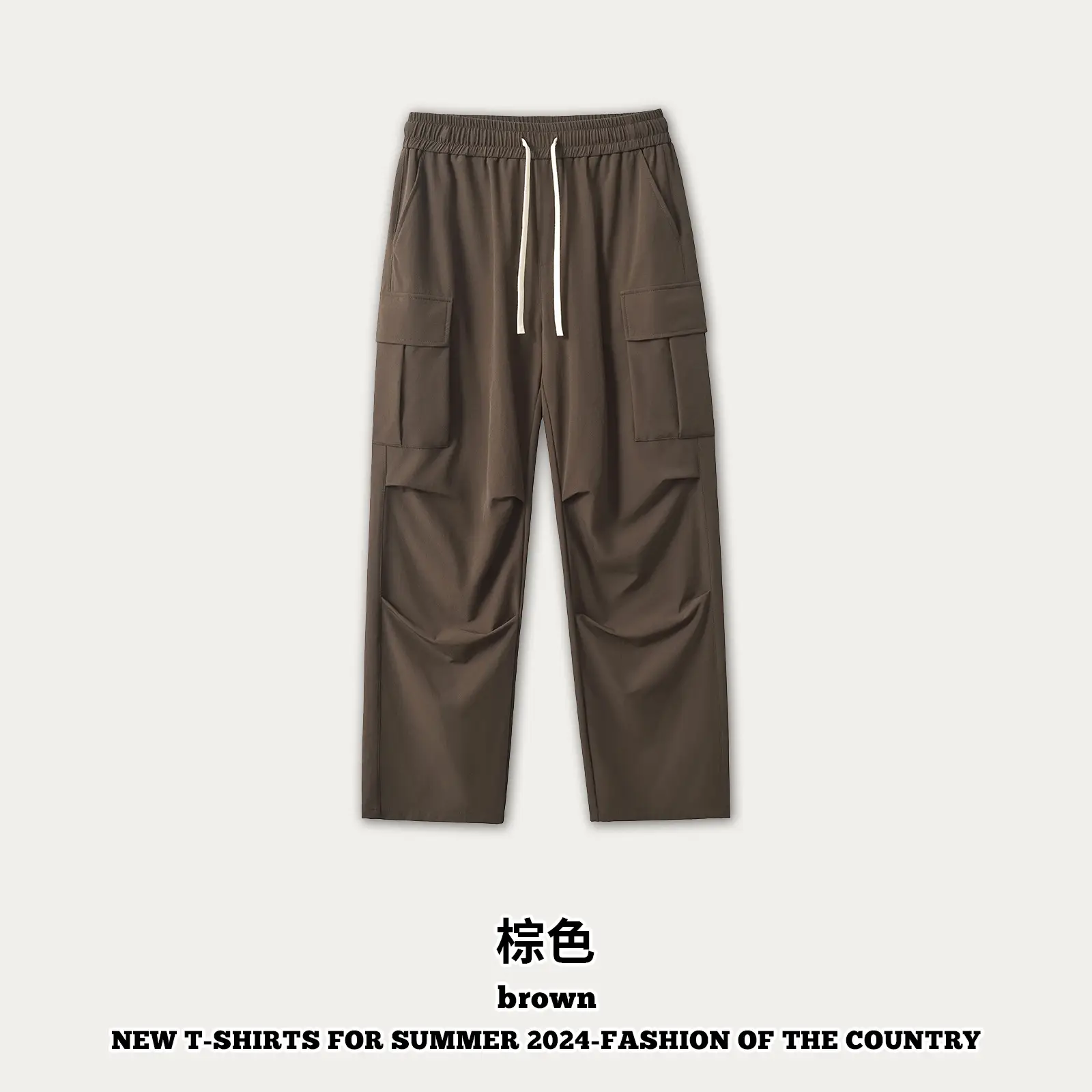 Men Mountain Style Pleated Cargo Pants Large Pockets Brown - Image 2
