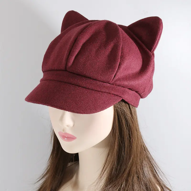 Maroon Cat Ears Beret Hat for Women Men - Image 4