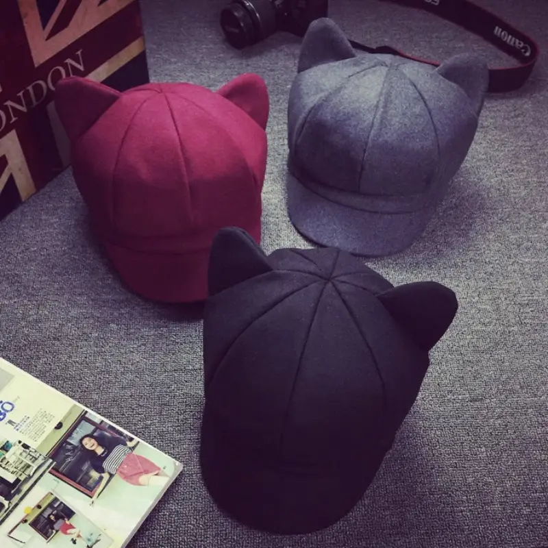 Maroon Cat Ears Beret Hat for Women Men - Image 5