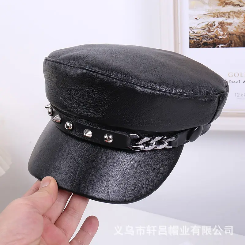 New Soft Leather Peaked Hat with Rivet Belt for Women