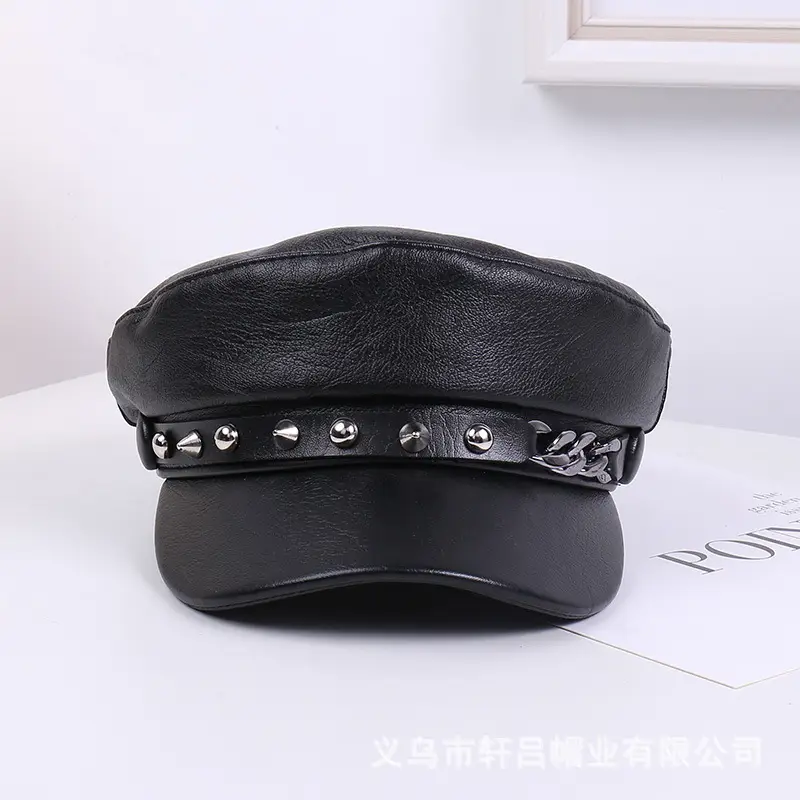 New Soft Leather Peaked Hat with Rivet Belt for Women