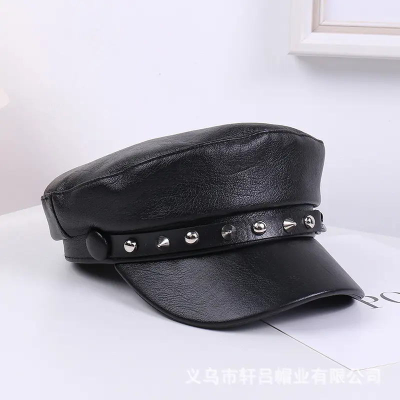 New Soft Leather Peaked Hat with Rivet Belt for Women