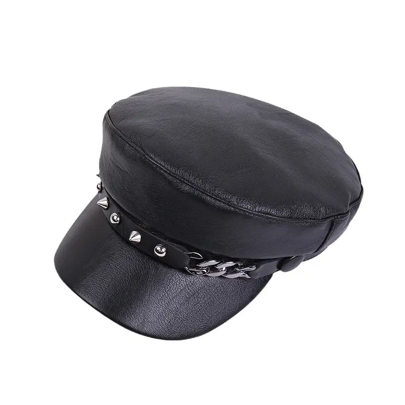 New Soft Leather Peaked Hat with Rivet Belt for Women
