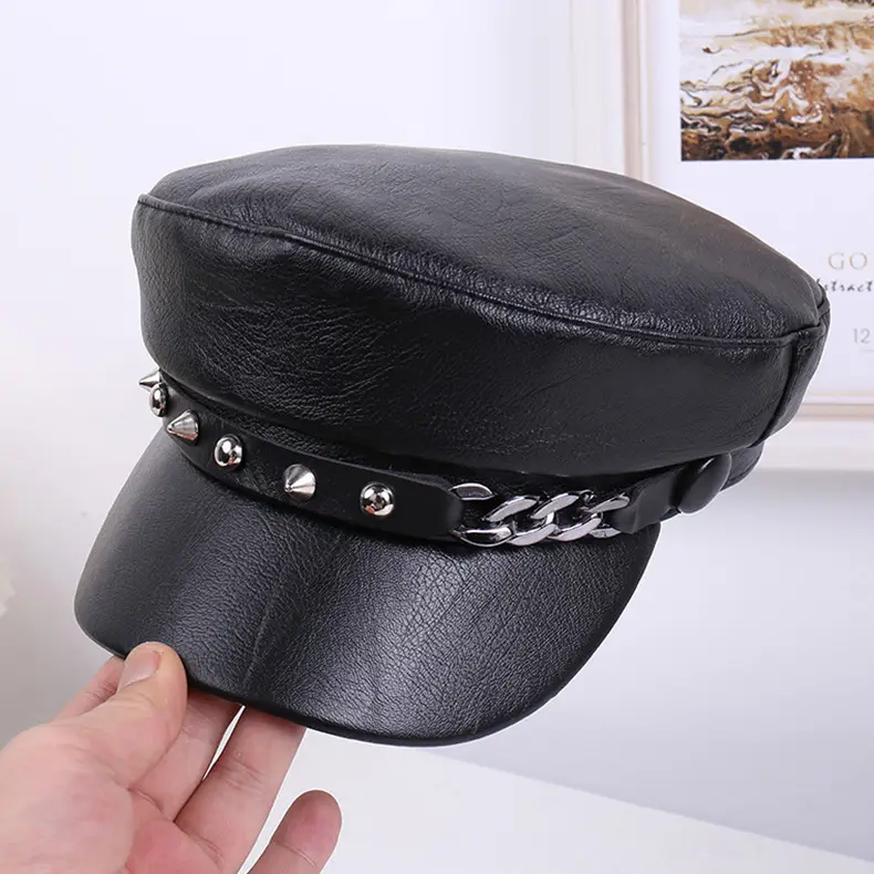 New Soft Leather Peaked Hat with Rivet Belt for Women — feature 25