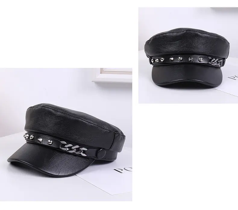 New Soft Leather Peaked Hat with Rivet Belt for Women — feature 27