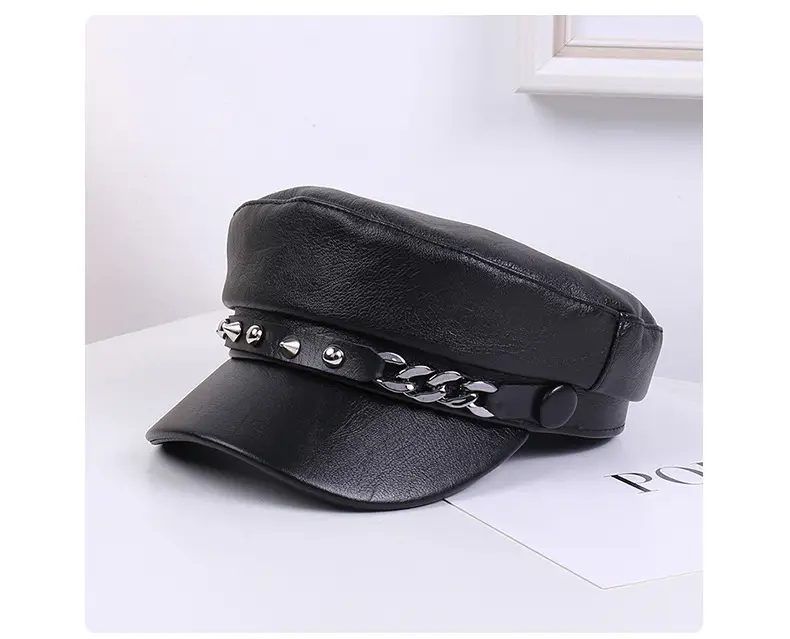 New Soft Leather Peaked Hat with Rivet Belt for Women — feature 32