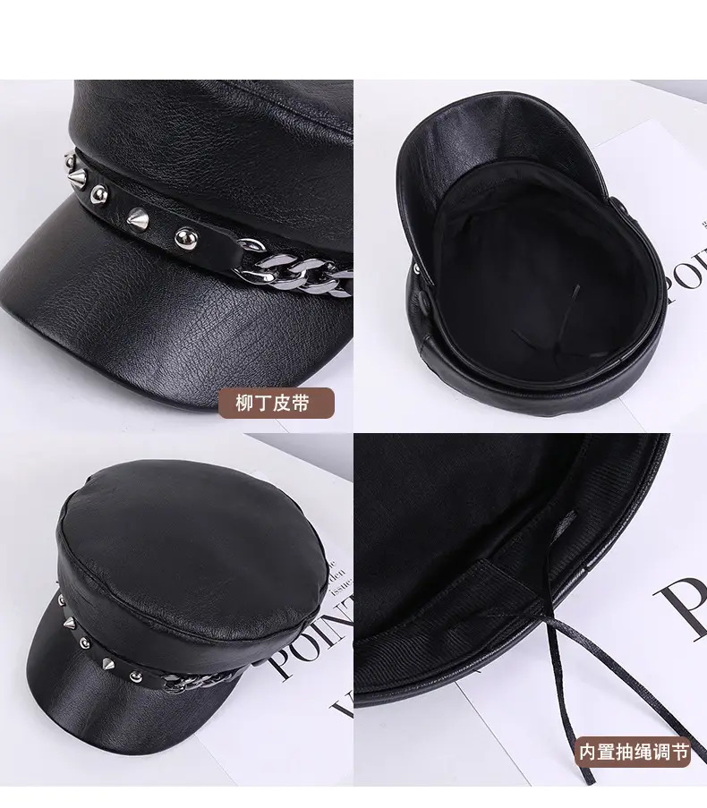New Soft Leather Peaked Hat with Rivet Belt for Women — feature 34