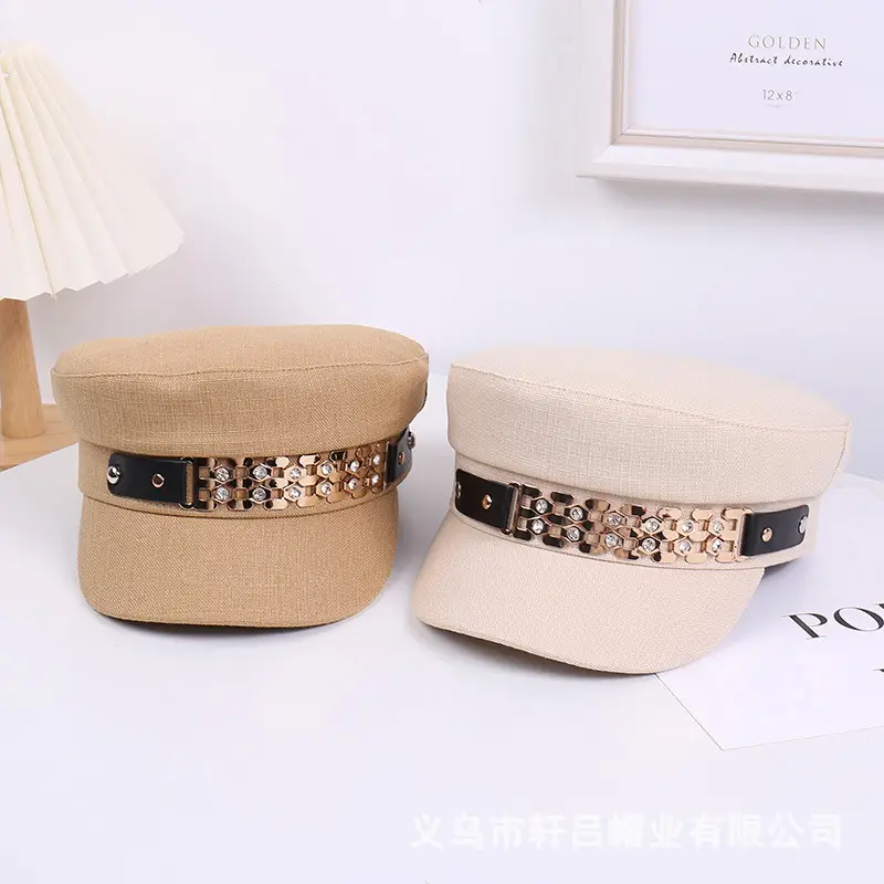 Women Korean Style Flat Cap with Rhinestone Chain & Short Bristle - Image 5