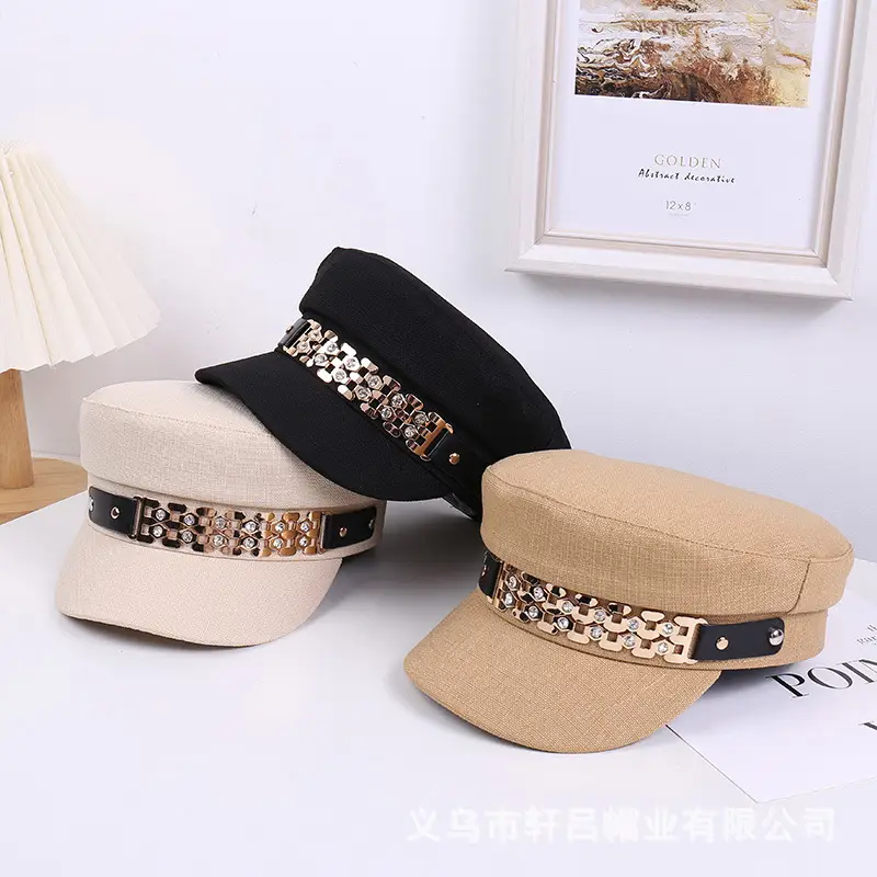 Women Korean Style Flat Cap with Rhinestone Chain & Short Bristle - Image 6