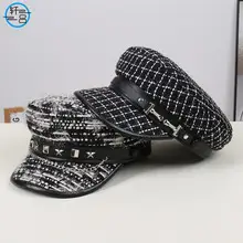 Women Korean Style Flat Cap with Rhinestone Chain & Short Bristle — feature 1