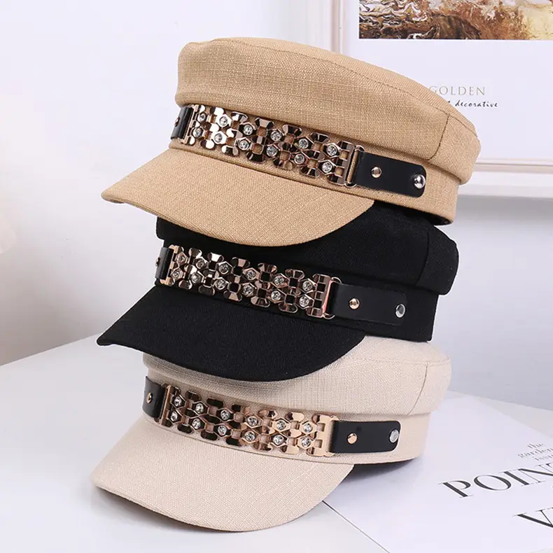 Women Korean Style Flat Cap with Rhinestone Chain & Short Bristle — feature 25