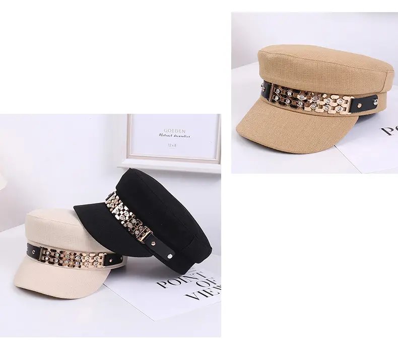 Women Korean Style Flat Cap with Rhinestone Chain & Short Bristle — feature 27