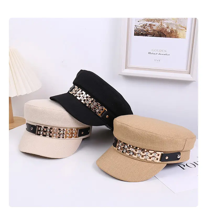 Women Korean Style Flat Cap with Rhinestone Chain & Short Bristle — feature 29