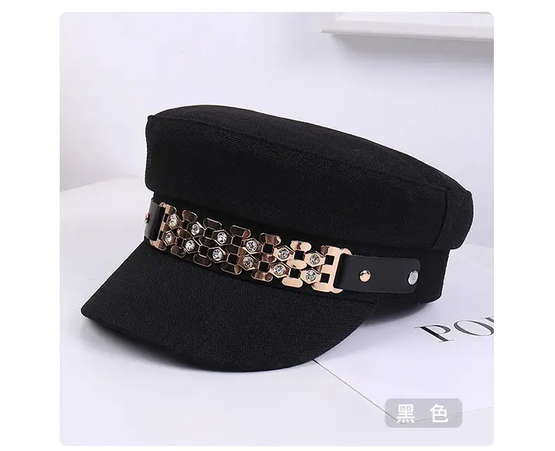 Women Korean Style Flat Cap with Rhinestone Chain & Short Bristle — feature 31