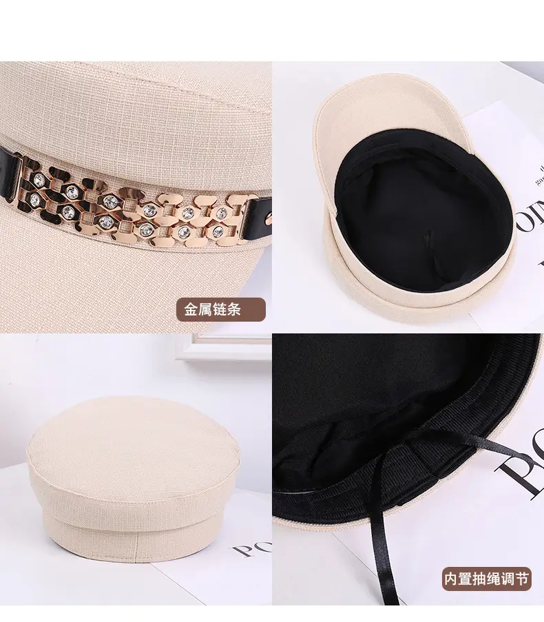 Women Korean Style Flat Cap with Rhinestone Chain & Short Bristle — feature 34