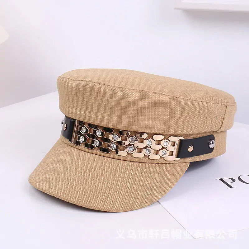 Women Korean Style Flat Cap with Rhinestone Chain & Short Bristle - Image 2